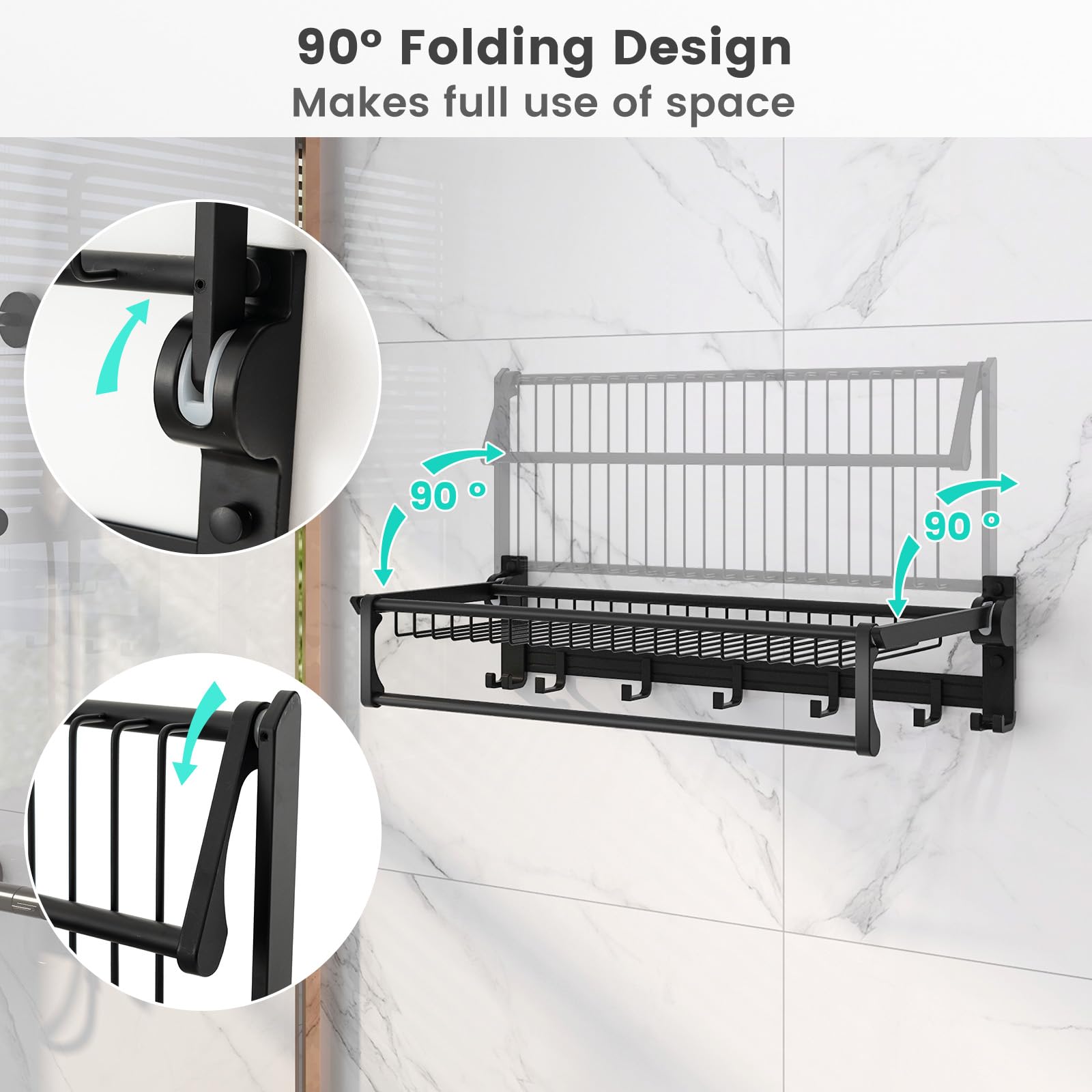 Tangkula Foldable Bathroom Shelf, Wall Mounted Bathroom Shelf Rack w/Adjustable Bar & Movable Hooks, Rustproof & Waterproof Space-Aluminum Holder Organizer, No Assembly Required (Black)