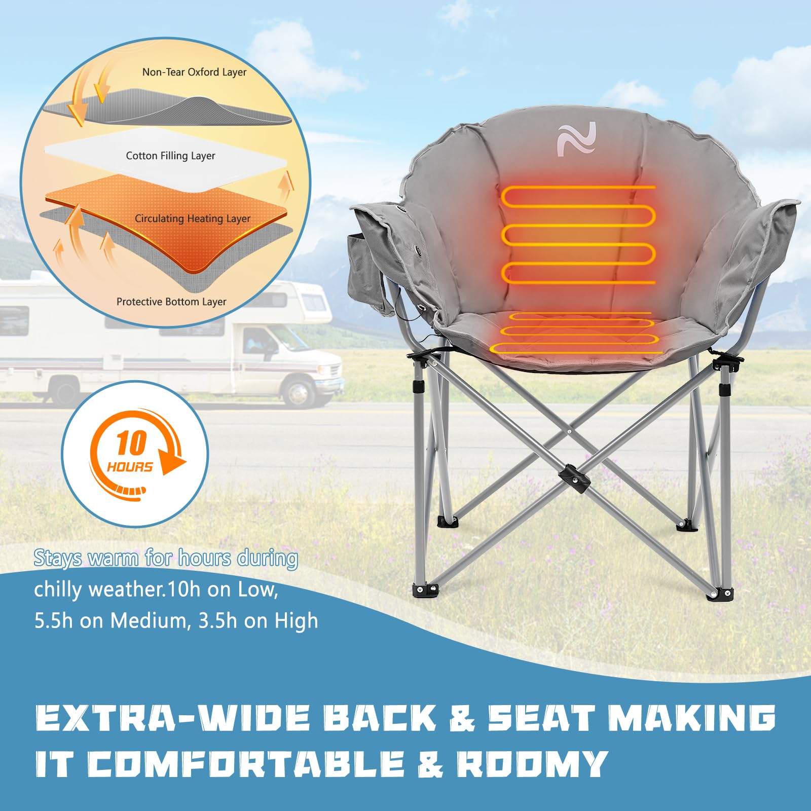 NAIZEA Oversized Heated Camping Chair, Patio Lounge Chairs with 3 Heat Levels for Back and Seat, Portable Folding Heated Chair Round Moon Saucer Folding Lawn Chair