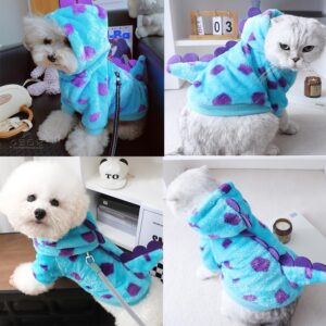 Anelekor Dinosaur Dog Clothes for Small Dog Girl Boy,Fleece Winter Puppy Hoodies with Leash Ring,Cold Weather Coat for Cat,Funny Dog Dinosaur Costume for Christmas Halloween. (Blue-2, X-Small)