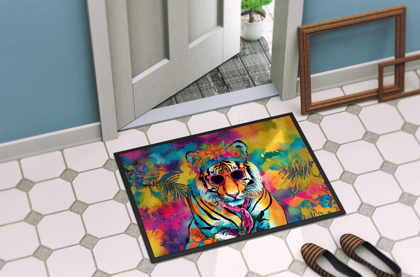 Caroline's Treasures DAC3967JMAT Hippie Animal Bengal Tiger Doormat Front Door Mat Indoor Outdoor Rugs for Entryway, Non Slip Washable Low Pile, 24H X 36W