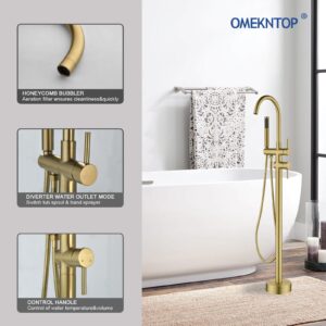 Freestanding Bathtub Faucet Floor Mount Tub Filler Brush Gold, OMEKNTOP Modern Freestanding Tub Faucet with 360 Swivel Gooseneck Spout and Handheld Shower, Standing Tub Faucet for Bathroom