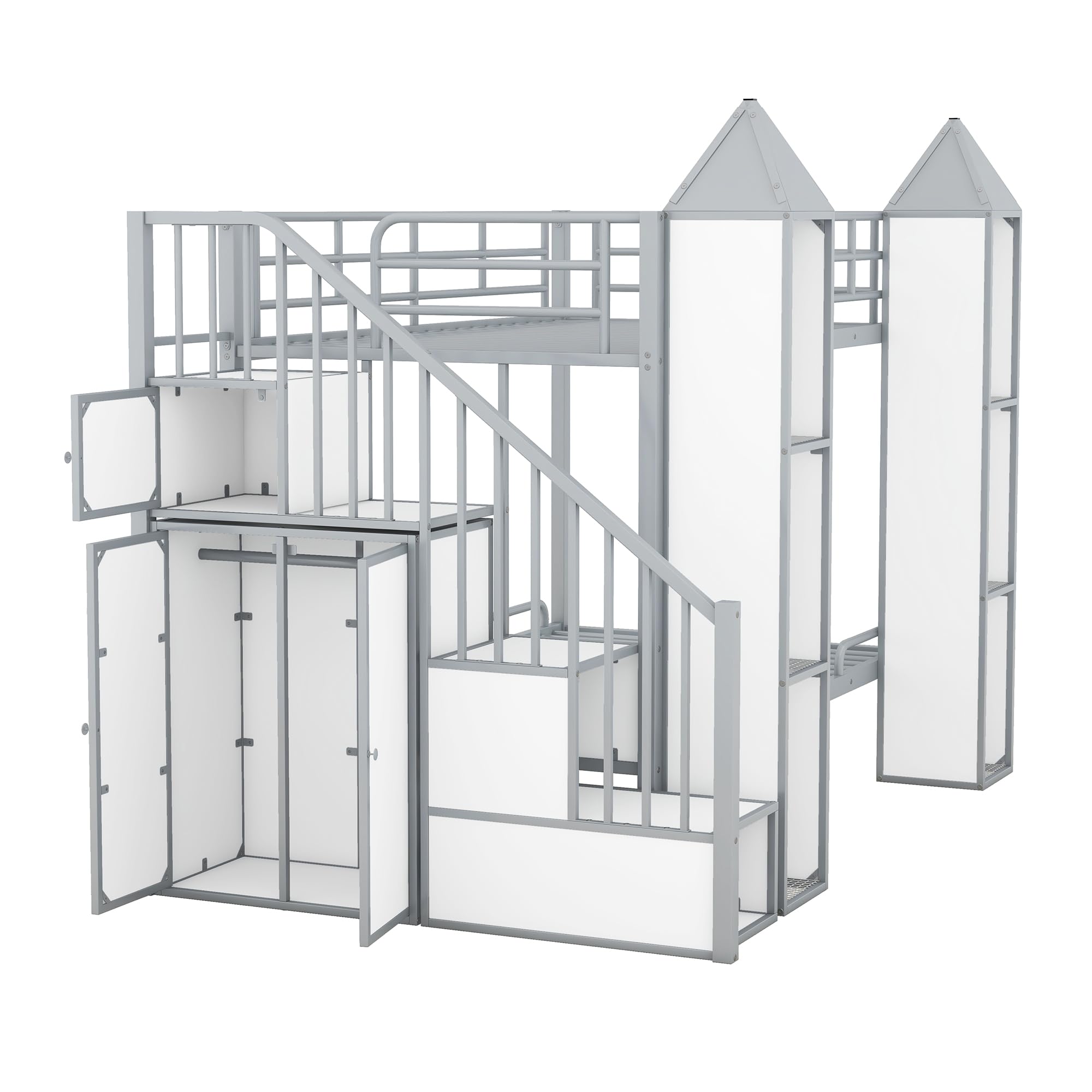 BOVZA Castle Shaped Bunk Bed with Wardrobe and Multiple Storage, Twin Over Twin Metal Bunk Bed Frame with Storage Staircase and Guardrails for Kids Boys Girls Teens, Gray+White