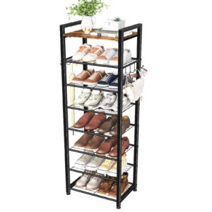 simple trending 8 tiers shoe rack 16 pairs tall wooden plank shoe shelf with hooks for closet entryway organizer sturdy free standing shoe storage cabinet，black