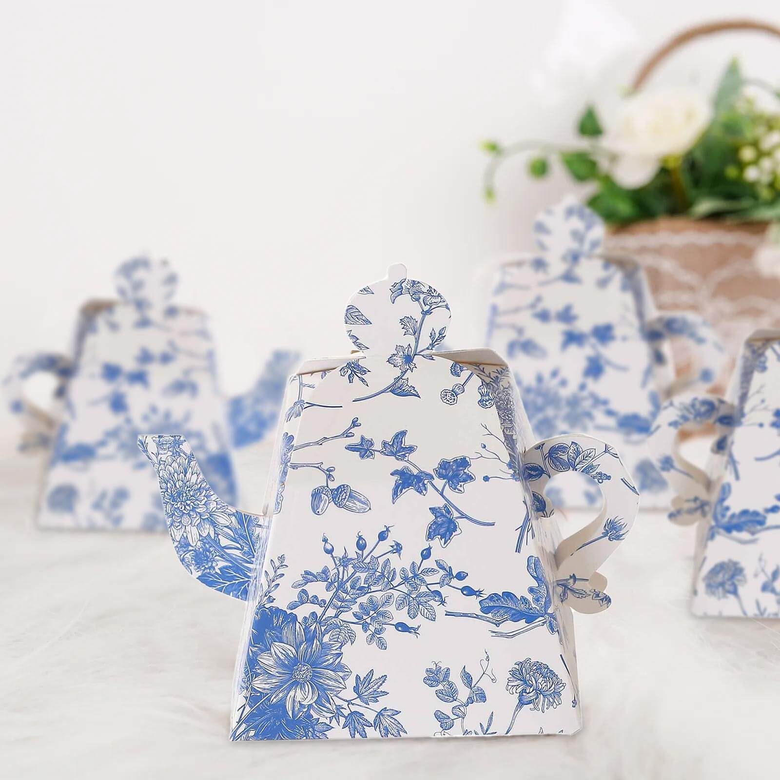 Efavormart 25 Pack White Blue Mini Teapot Gift Boxes with Chinoiserie Floral Print, Tea Time Party Favor Boxes - 5"x4"