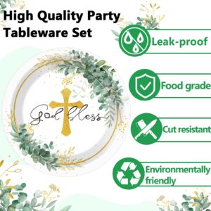 48pcs 7inch God Bless Baptism Plates First Holy Communion Tableware Newborn Baby Shower Mi Bautizo Eucalyptus Leaves Sage Disposable paper Dinnerware for Christening Religious Church Party Decorations