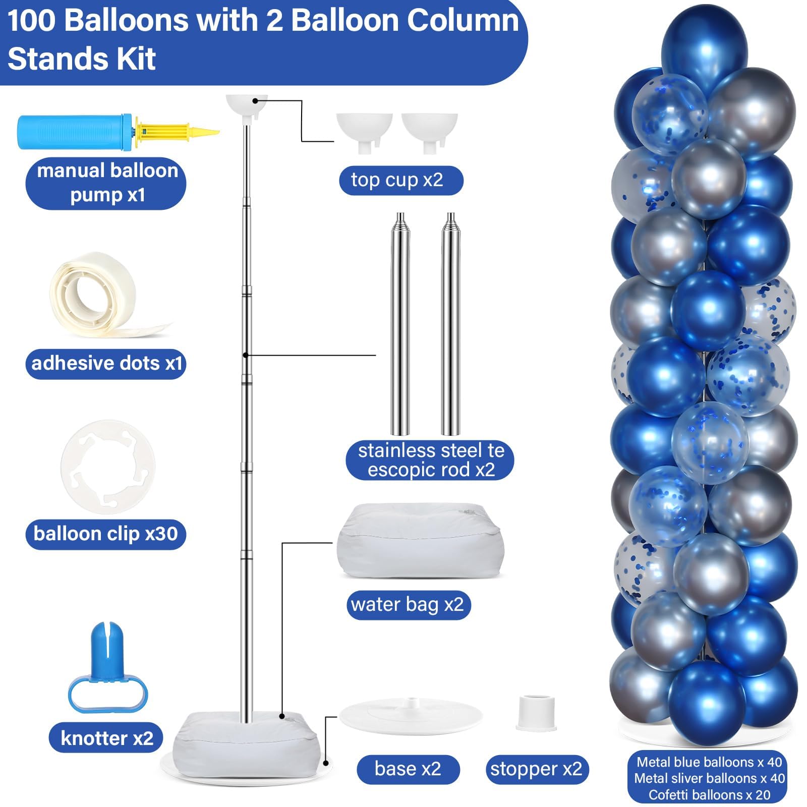 2 Sets Navy Blue and Silver Balloon Column Stand Kit with 100 Balloons Adjustable Balloon Tower Stand with Bases for Floor Blue Confetti Balloon Column Kit for Birthday Wedding Graduation Party Decor