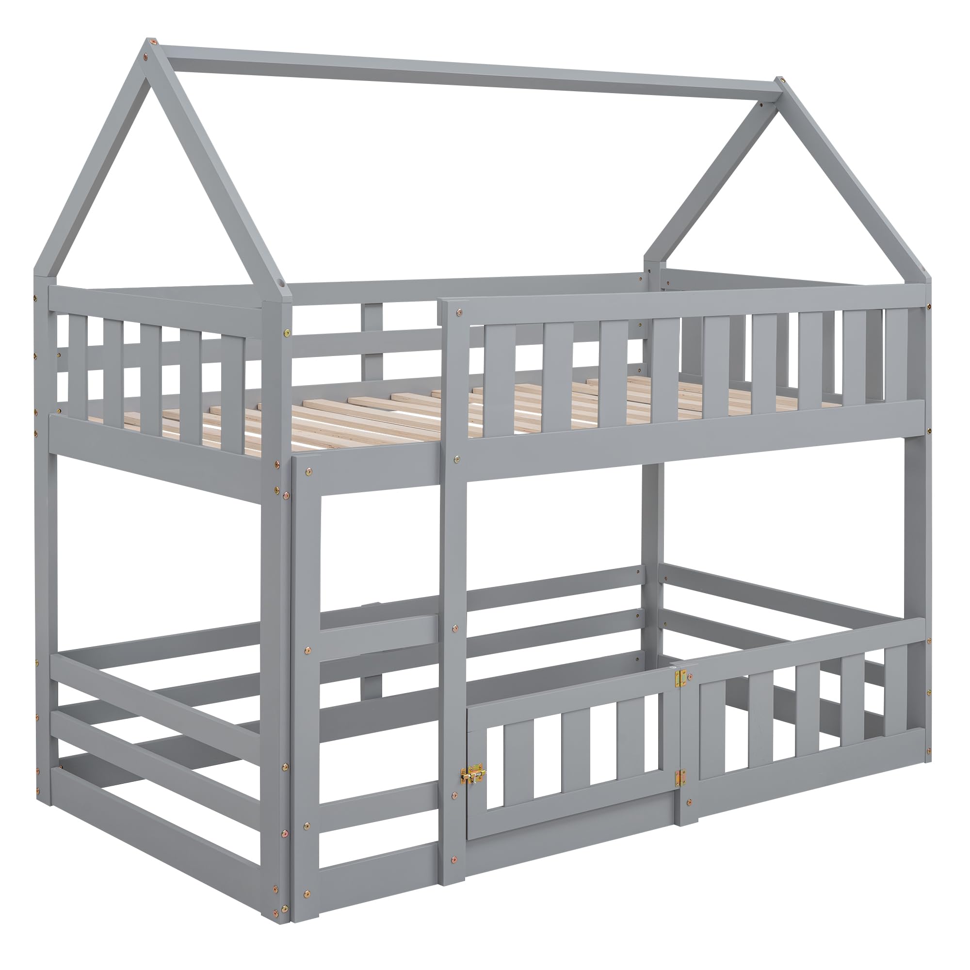 Bellemave House Bunk Bed for Kids, Twin Over Twin Floor Bunk Bed with Fence Railings and Door, Wooden Convertible Playhouse Loft Beds with Ladder for Boys Girls Teens, Gray