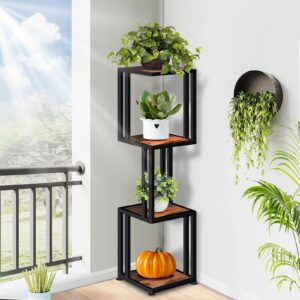 4 -Tier Corner Shelf Stand, 47'' Tall Industrial Corner Shelves, Heavy Duty Square Corner Bookshelf Display Shelf for Small Space, Corner Plant Stand for Living Room, Rustic Brown