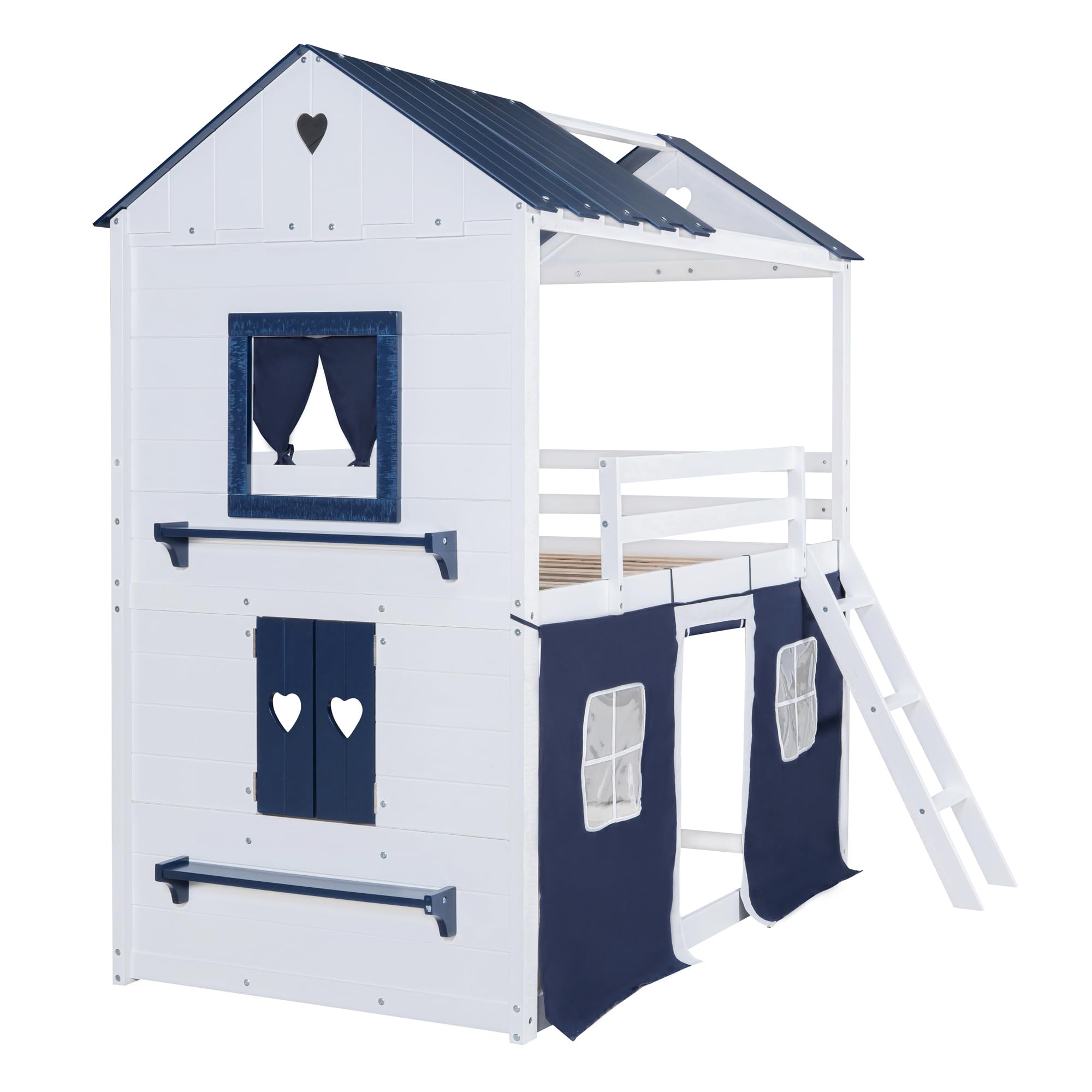 Merax Twin Over Twin Bunk Wood House Bed with Elegant Windows, Sills and Tent, Blue+White