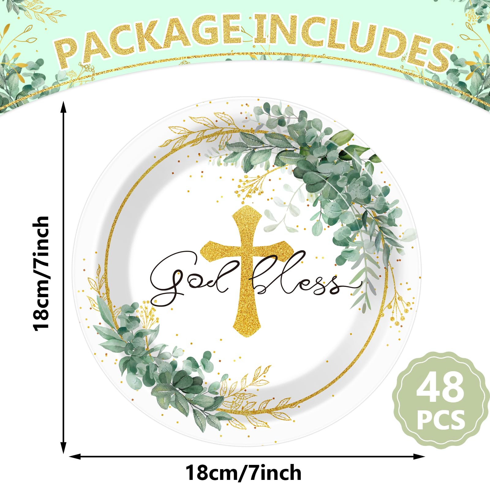 48pcs 7inch God Bless Baptism Plates First Holy Communion Tableware Newborn Baby Shower Mi Bautizo Eucalyptus Leaves Sage Disposable paper Dinnerware for Christening Religious Church Party Decorations