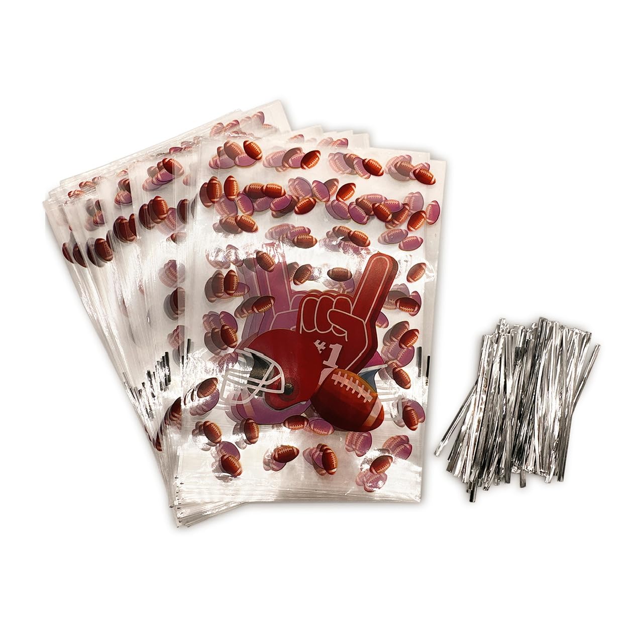 BASHOUT 100 Piece Football Party Favor Bags| Football Cellophane Candy Favor Bags| Treat Bags For Football Theme Party| Football Birthday Party Goody Bags| Football Cellophane Bags With Twist Ties