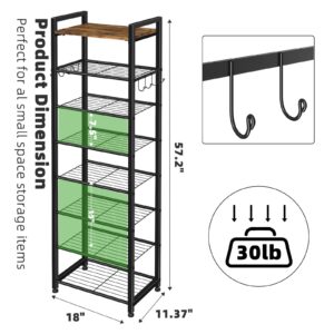 Simple Trending 8 Tiers Shoe Rack 16 Pairs Tall Wooden Plank Shoe Shelf with Hooks for Closet Entryway Organizer Sturdy Free Standing Shoe Storage Cabinet，Black