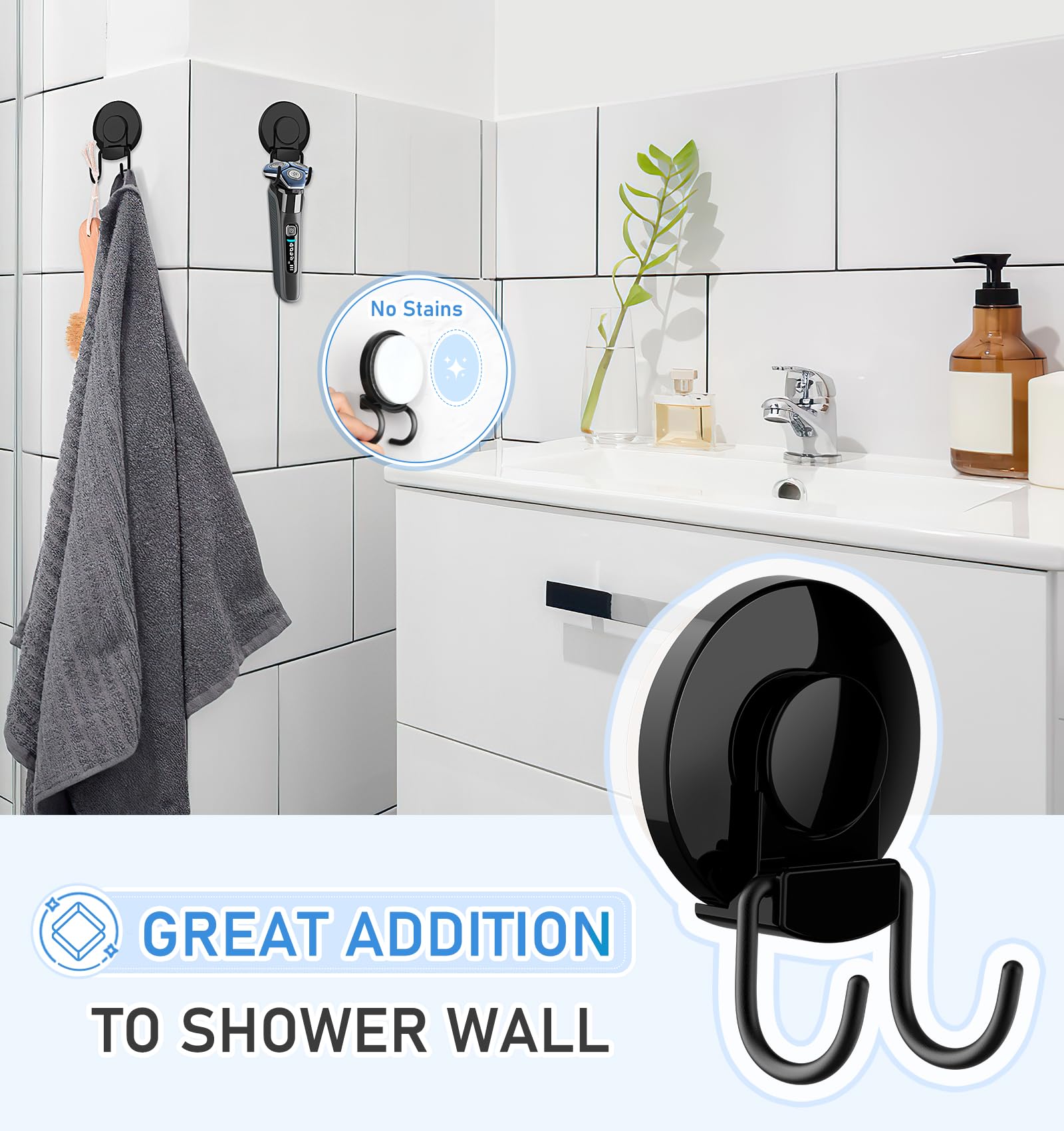 VIS'V Suction Cup Hooks, Black Shower Suction Hooks Heavy Duty Suction Cups with Double Hooks Removable Reusable Bathroom Suction Razor Holder for Tile Wall Glass Door Window - 2 Pcs