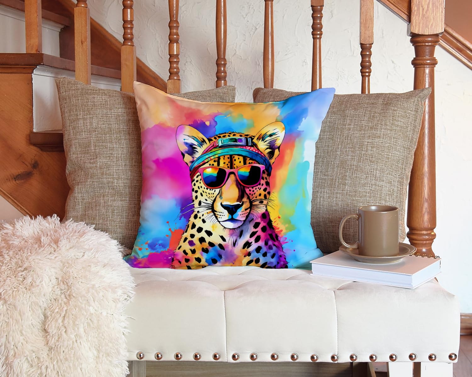 Caroline's Treasures DAC3969PW1414 Hippie Animal Cheetah Throw Pillow Machine Washable, Indoor Outdoor Decorative Pillow for Couch, Bed or Patio, 14Hx14W