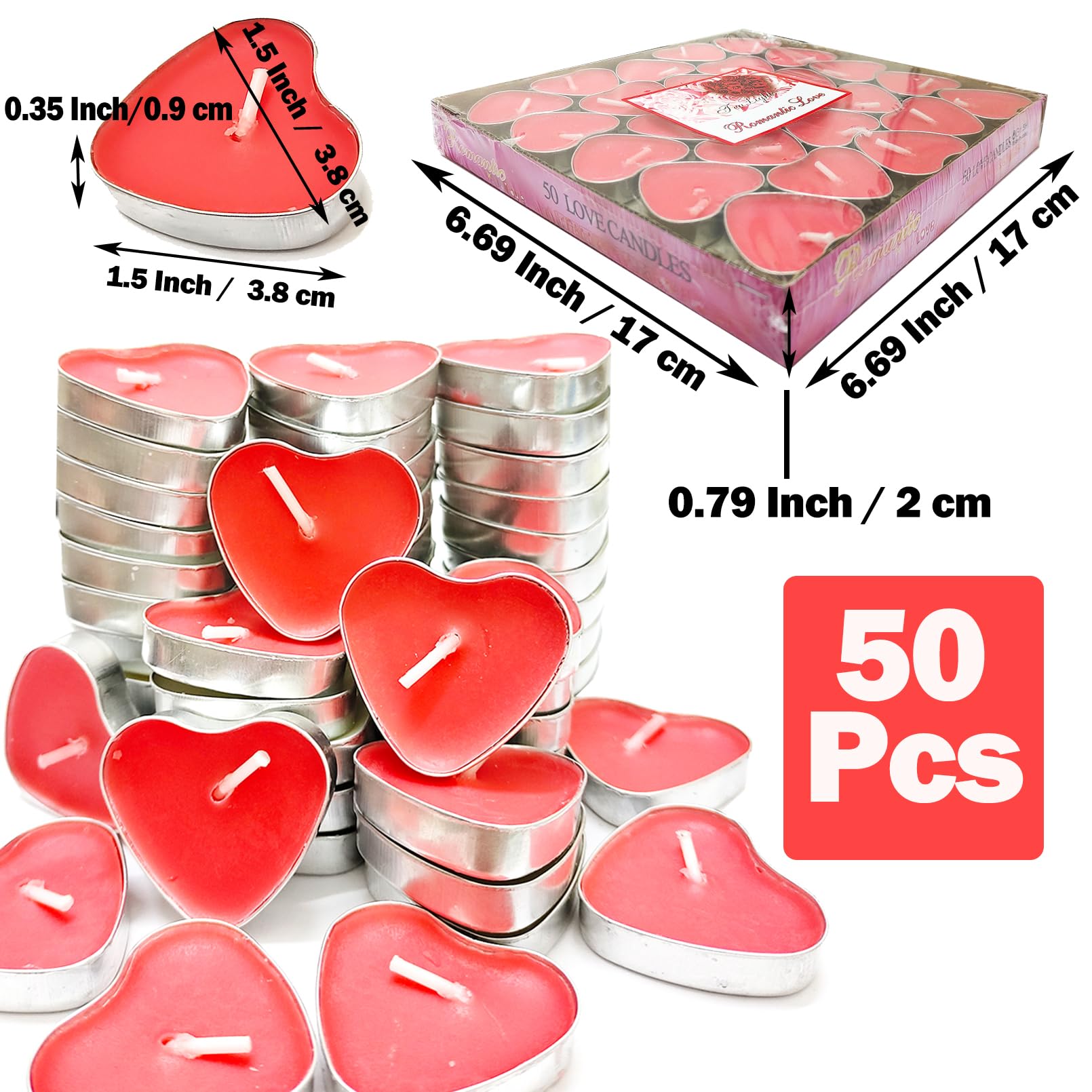 xlehoely 50 Pack Tea Light Candles,Heart Shaped Unscented Tealight Candles,Romantic Love Smokeless Tea Lights Candles,Dripless & Long Lasting Tea Candles for Mood,Romantic Decor,Pool,Dinners (Red)