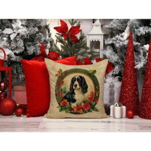 Caroline's Treasures DAC2359PW1414 English Springer Spaniel Christmas Flowers Throw Pillow Machine Washable, Indoor Outdoor Decorative Pillow for Couch, Bed or Patio, 14Hx14W