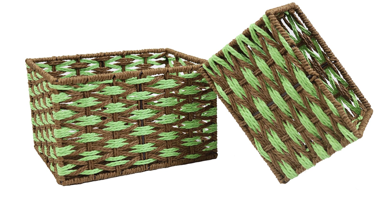 Gzsekken Wicker Storage Baskets, Woven Paper Rope Storage Bins (Set of 2),Decorative Wicker Baskets with Liner for Makeup Bedroom Shelves Organizing,Home Deco, Brown&Green