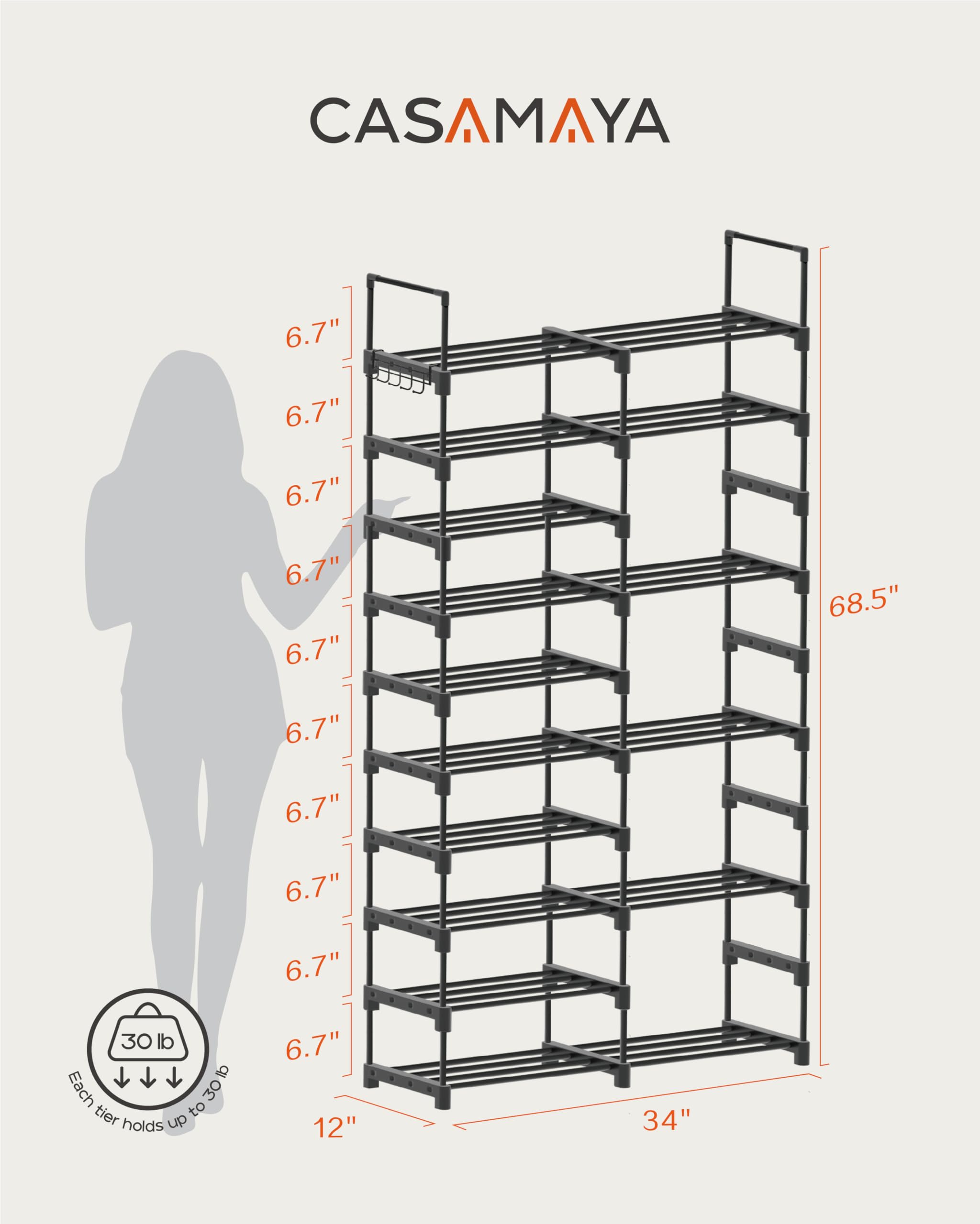 CASAMAYA Shoe Rack, 10 Tier Metal Shoe Organizer, DIY Tall Shoe Storage Shelf for 32 Pairs of Shoes and Boots, Space-Saving, Easy to Assemble, Entryway, Black SRT210B01