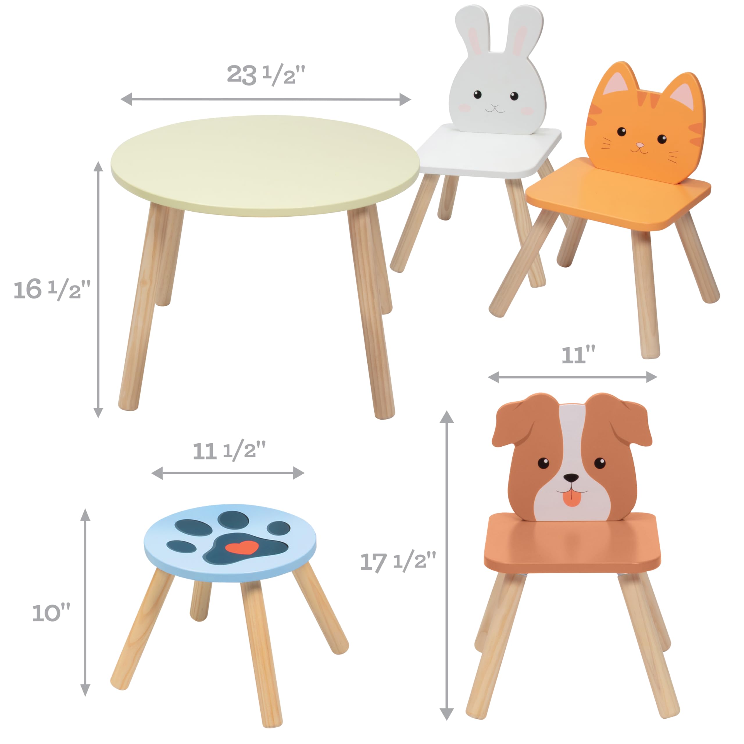 Kids Wooden Animal Table & Chair Set w 4 Seats- Puppy Kitten Bunny Plus Adult Stool for Arts Crafts, Dining, Pretend Play- Durable Playroom Furniture for Home, Daycare Classroom- Toddler Xmas Gift