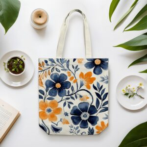 Canvas Tote Bag With Zipper Floral Tote Bag Women Canvas Tote Bag Pocket Handles Double-Sided Pattern Flower Book Tote Shoulder Bag Canvas Bag for Grocery Shopping Travel Commuting Daily College Gifts