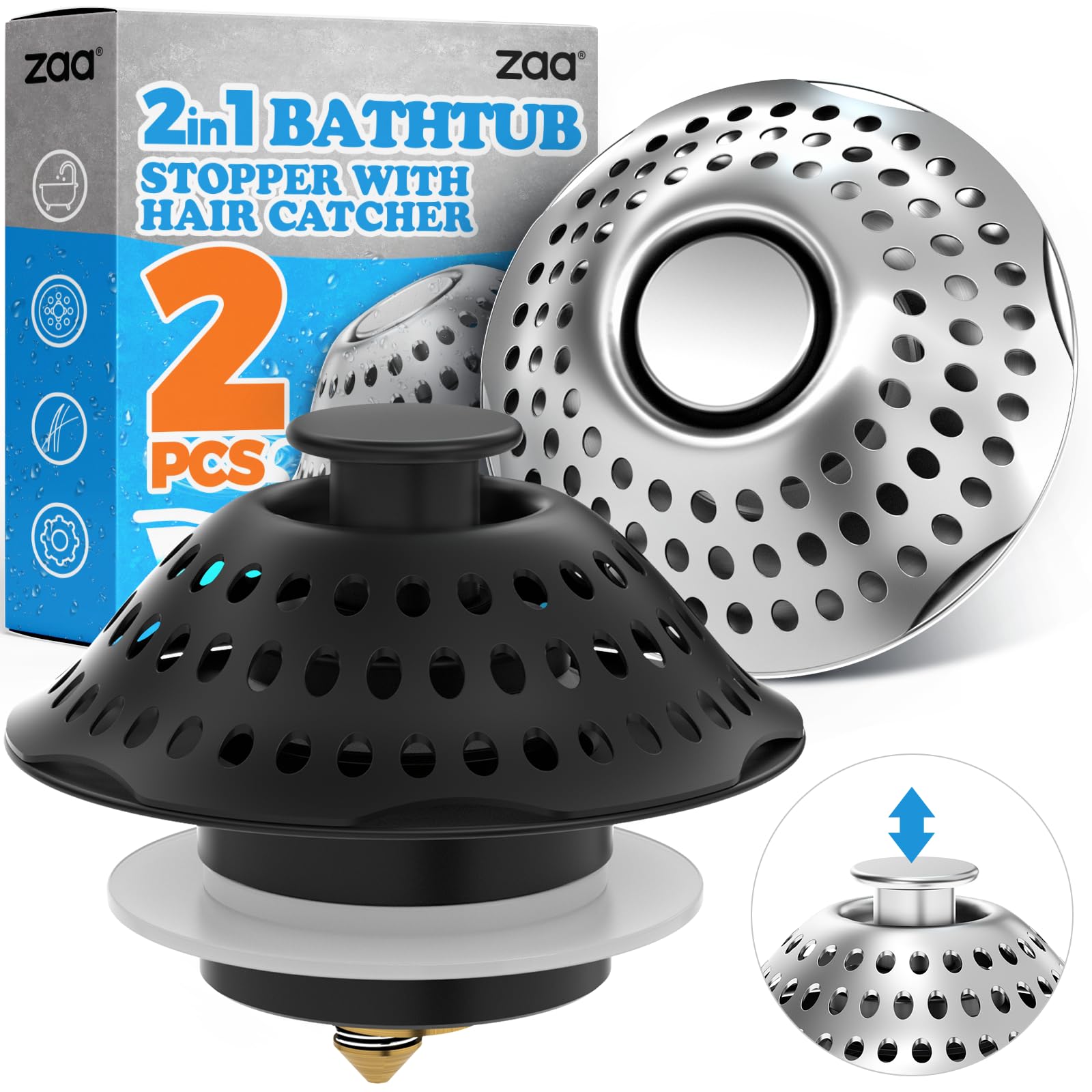 zaa 2Pack Tub Stopper Bathtub Drain Cover and Hair Catcher, Pop Up Bathtub Drain Plug & Strainer, Replaces Bath Tub Lift & Turn, Tip-Toe or Trip Lever, for 1.46-2" W Drain Hole, Silver, Black