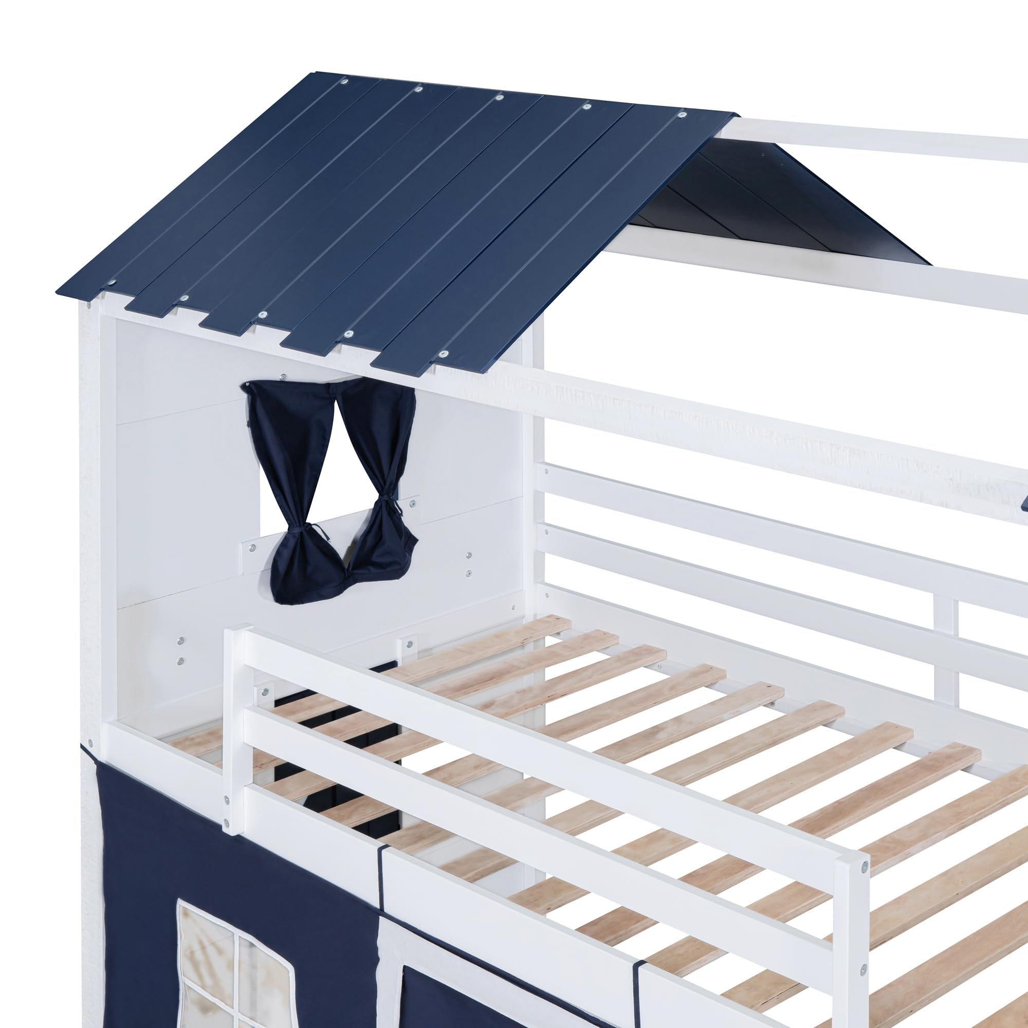 Merax Twin Over Twin Bunk Wood House Bed with Elegant Windows, Sills and Tent, Blue+White