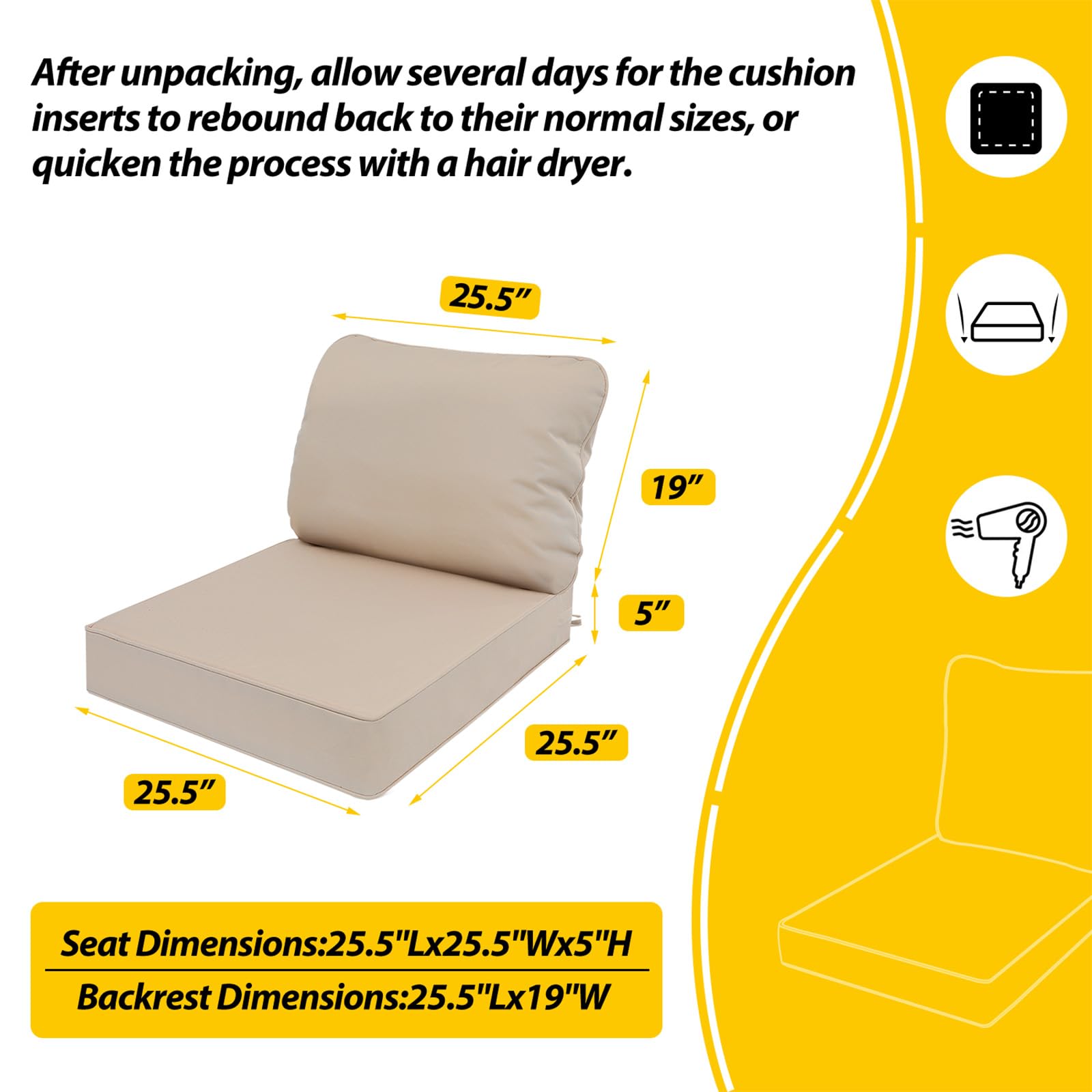 AAAAAcessories Outdoor Deep Seat Cushions for Patio Furniture, Waterproof Replacement Patio Chair Cushions, 25.5 x 25.5 x 5 + 25.5 x 19 Inch, Beige