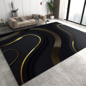 tazece abstract black gold ribbon living room rug, stylish 3d black background soft breathable bedroom rug, with anti-slip backing, easy to clean rugs, for office restaurant entrance 6x8ft