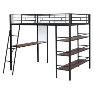 Favfurish Full Size Loft Metal Bed with 3 Layers of Shelves and Desk, Heavy Duty Stylish Bed Frame W/Whiteboard,Safety Guardrail & Ladder,for Kids Teens Adults,Black