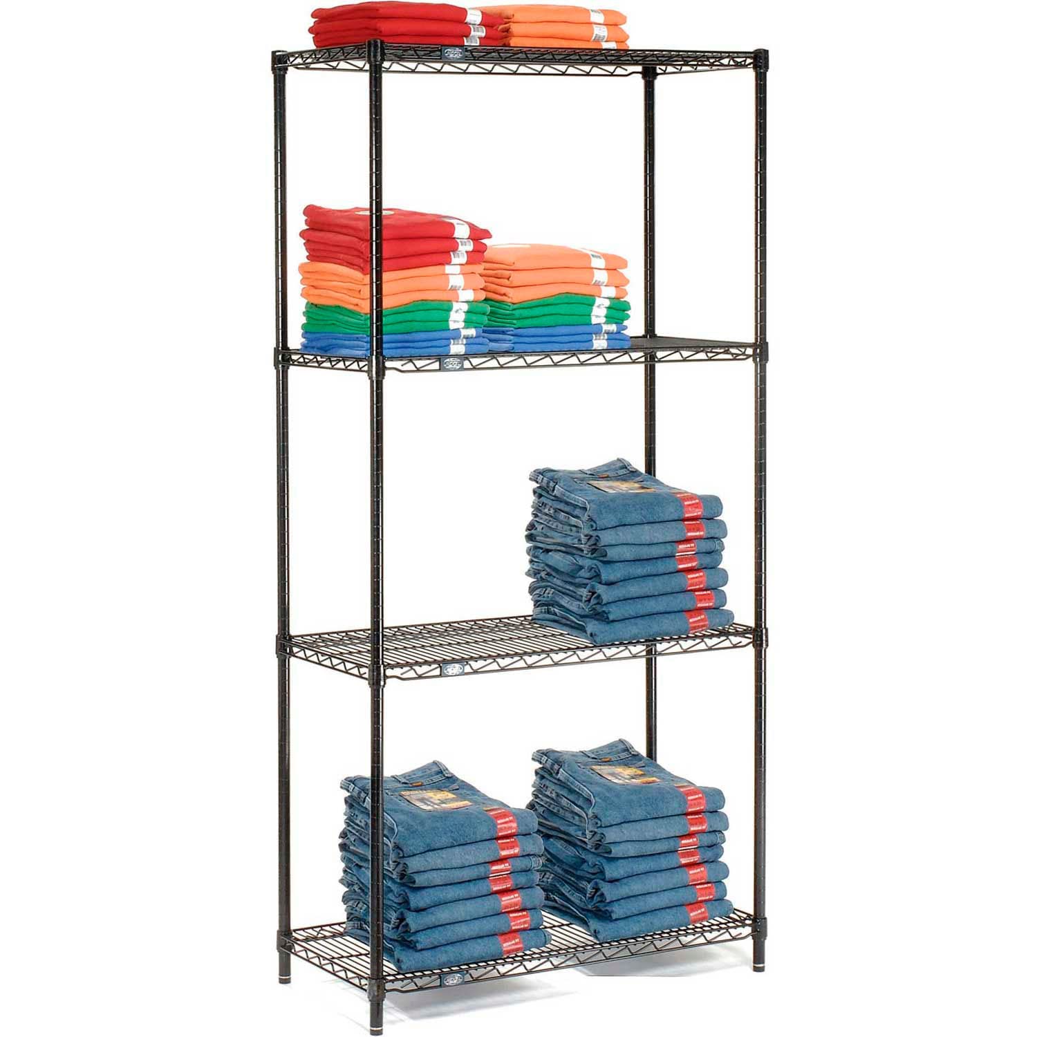 Nexel Black Epoxy, 4 Tier, Wire Shelving Starter Unit, 30"W x 24"D x 54"H