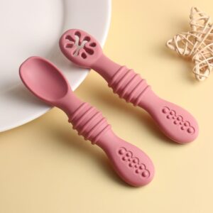 Cozinester Silicone Baby Spoon & Pre-Spoon - Baby Spoons Self Feeding 6 Months, Bendable Toddler Utensils, Baby Led Weaning Supplies | BPA Free & Boil-proof (Set of 2) (Dark Pink)