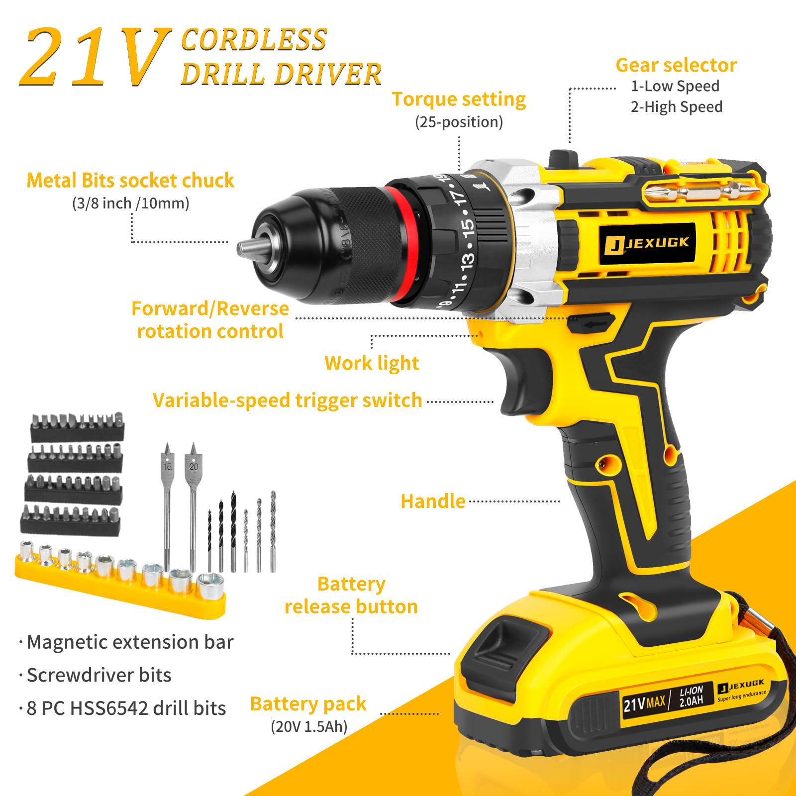 JEXUGK Home Tool Set with Power Drill, 245PCS Cordless Drill Set with 21V Battery Drill Driver, All Purpose Household Repairing Tool Kit with Drill, 25+3 Clutch Impact Combo Kit With Tool Bag