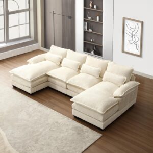 Modern Sectional Sofa Couch, Comfy U Shape Cloud Couch with Double-layer Cushion, Oversized 6 Seater Sofa with 4 Pillows, Upholstered Deep Seat Couch for Living Room, Office, Apartment, Beige Chenille