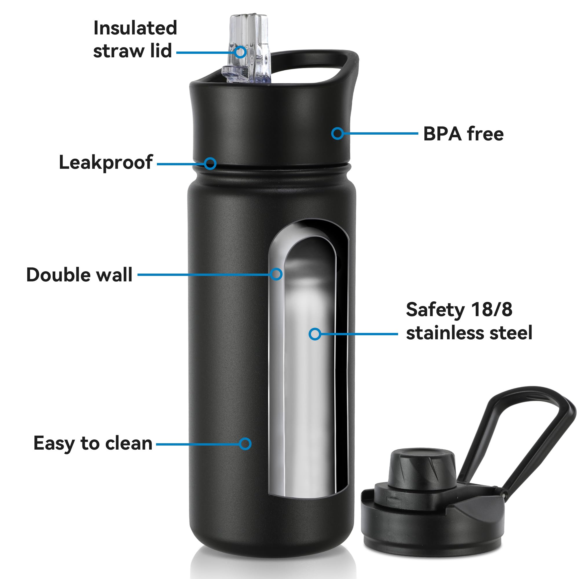 16 oz Insulated Water Bottle with Straw Lids, Stainless Steel Kids Water Bottles for School, Double Wall Vacuum Metal Water Bottle with Straw & Wide Mouth Lid, Black 1 Pack