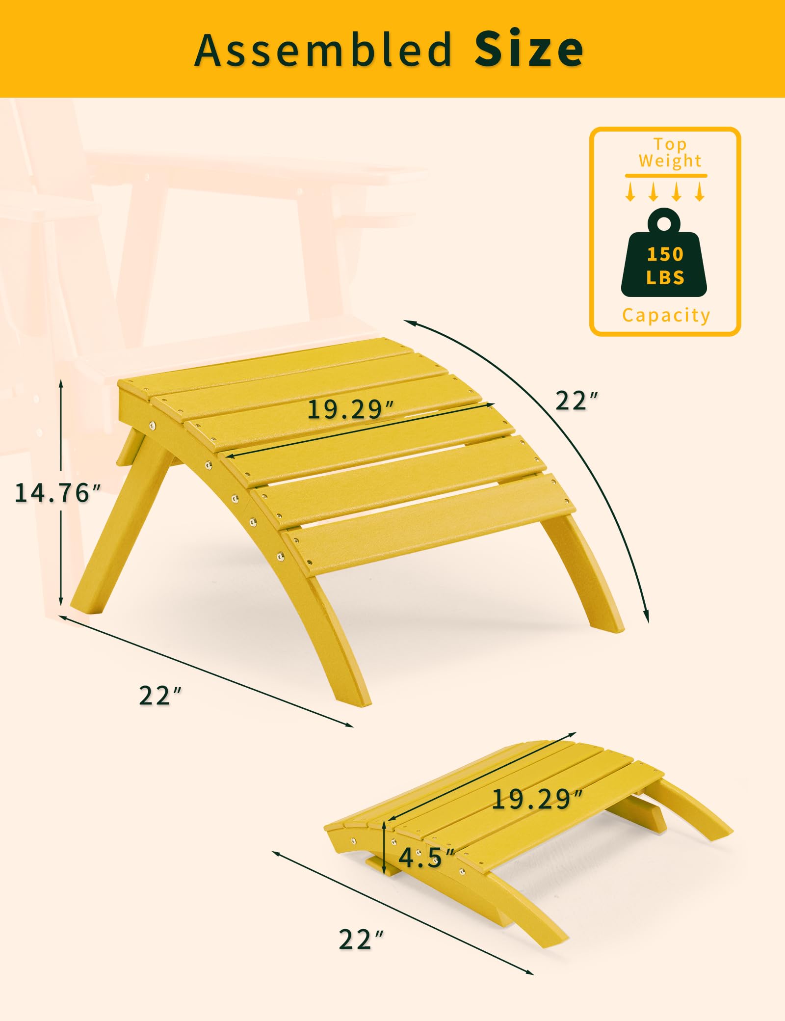 BUPPLEE Folding Adirondack Ottoman for Adirondack Chair, HDPE All Weather Outdoor Footrest Poly Lumber Adirondack Footstool for Patio, Backyard, Garden, Easily Storage - Yellow