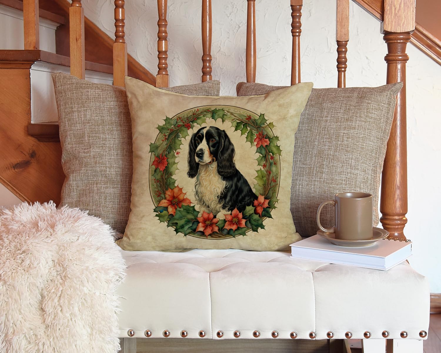 Caroline's Treasures DAC2443PW1414 Welsh Springer Spaniel Christmas Flowers Throw Pillow Machine Washable, Indoor Outdoor Decorative Pillow for Couch, Bed or Patio, 14Hx14W