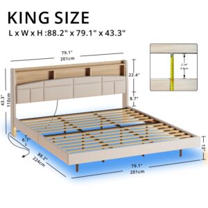 ANCTOR Floating King Bed Frame with Charging Station, Tall Bookcase Headboard, Solid Wood Slats Support, No Box Spring Needed, Easy to Assemble