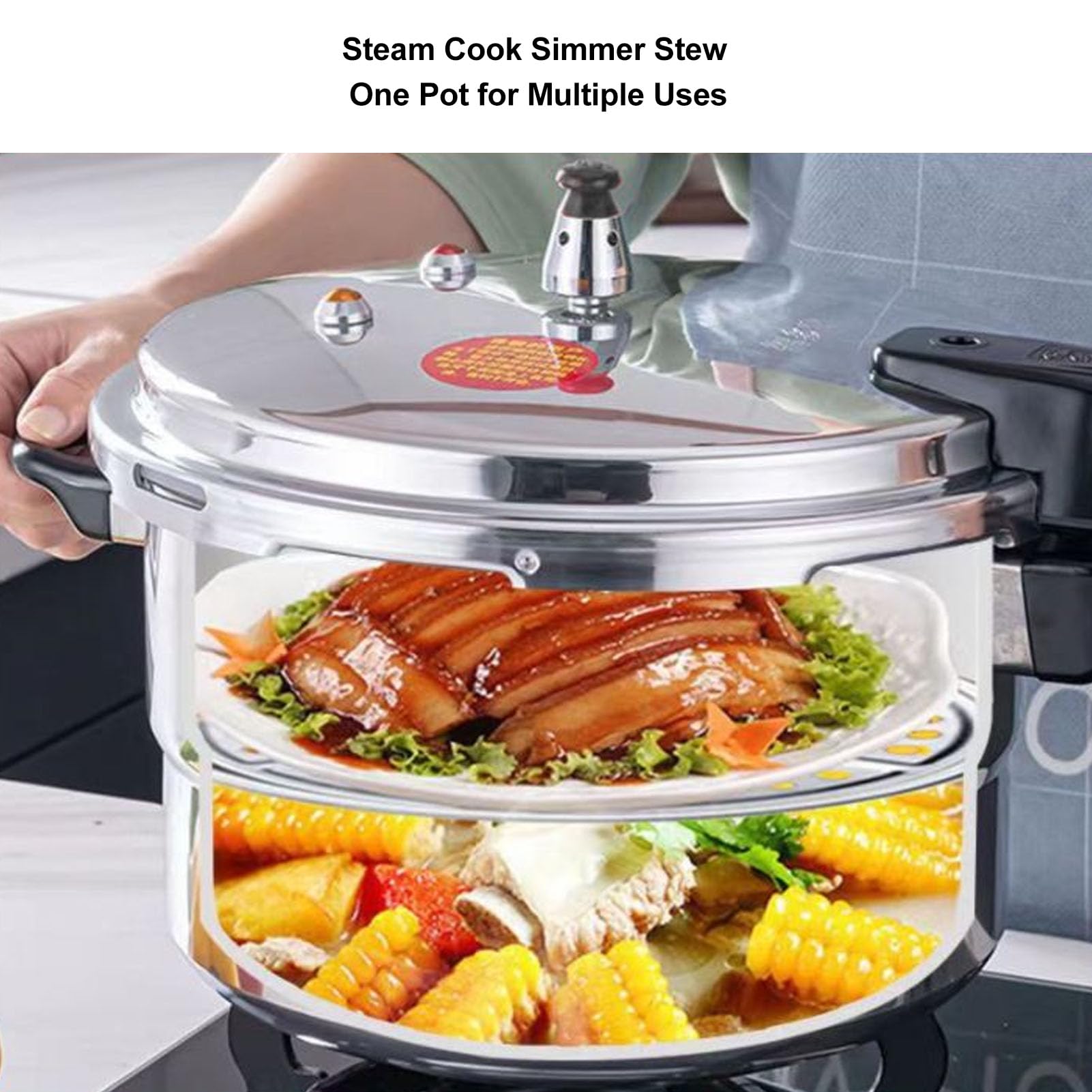 Stainless Steel Pressure Cooker, Kitchen Pressure Cooker for Induction and Stove Top, Pressure Canner with Safety Valves and Steaming Plate, Pressure Cooker for Porridge, Noodles