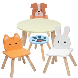 Kids Wooden Animal Table & Chair Set w 4 Seats- Puppy Kitten Bunny Plus Adult Stool for Arts Crafts, Dining, Pretend Play- Durable Playroom Furniture for Home, Daycare Classroom- Toddler Xmas Gift