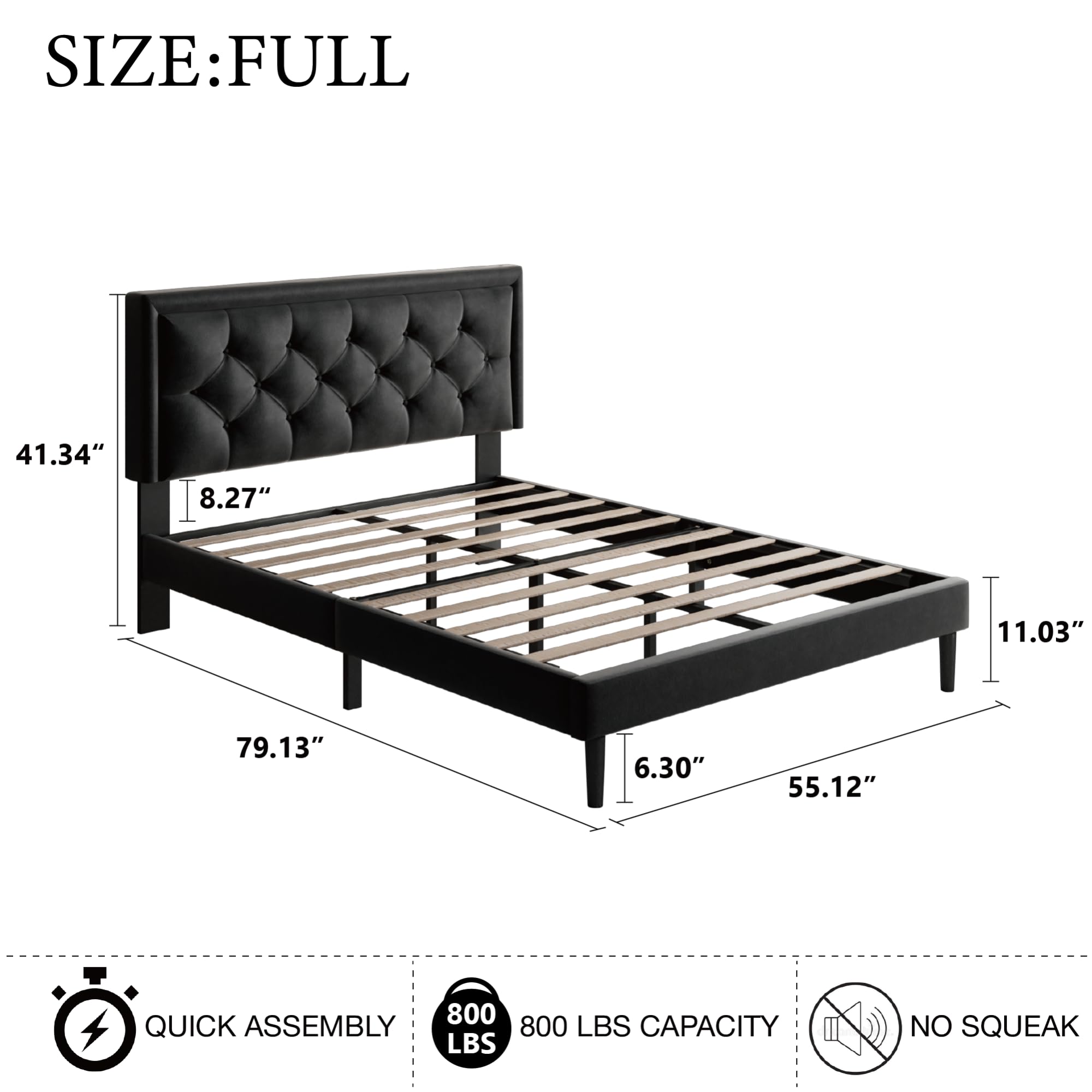 Sismplly Full Size Platform Bed Frame with Velvet Headboard, Modern Upholstered Mattress Foundation with Wooden Slats Support, No Box Spring Needed, Noise Free, Easy Assembly, Black