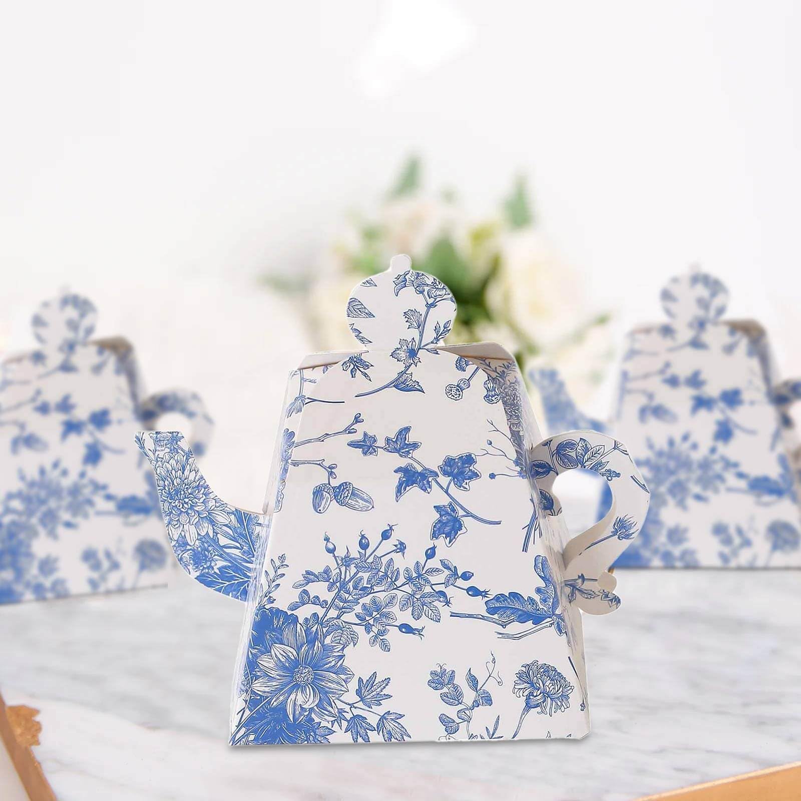 Efavormart 25 Pack White Blue Mini Teapot Gift Boxes with Chinoiserie Floral Print, Tea Time Party Favor Boxes - 5"x4"