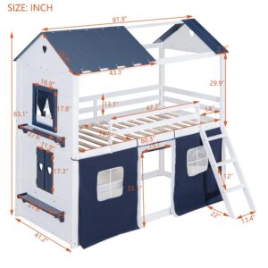 Merax Twin Over Twin Bunk Wood House Bed with Elegant Windows, Sills and Tent, Blue+White