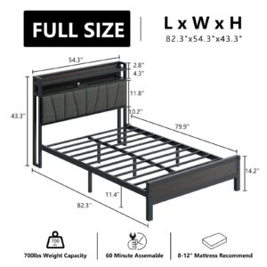 LUXOAK Full Size Bed Frame with RGBW LED Lights & Charging Station, Linen Upholstered Headboard with 2-Tier Storage, Stable Metal Platform, Easy Assembly/No Box Spring Needed/Noise-Free, Black