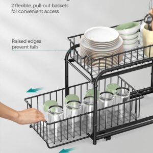 SONGMICS 2-Tier Pull Out Cabinet Organizers, Under Sink Organizer, Bathroom Organizer and Storage, Sliding Basket Drawers, Stackable for Kitchen, Bathroom, Ink Black UKCS017B01