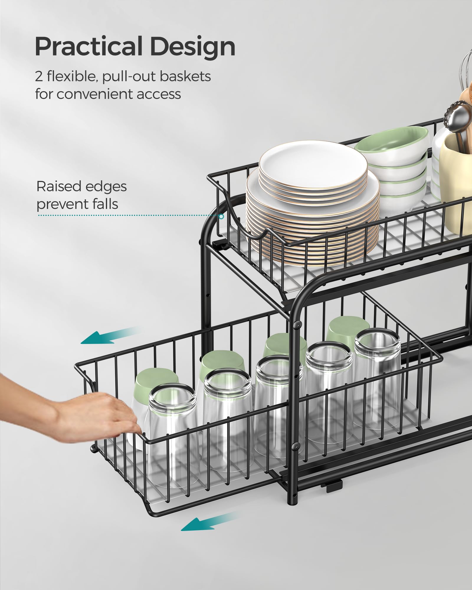 SONGMICS 2-Tier Pull Out Cabinet Organizers, Under Sink Organizer, Bathroom Organizer and Storage, Sliding Basket Drawers, Stackable for Kitchen, Bathroom, Ink Black UKCS017B01