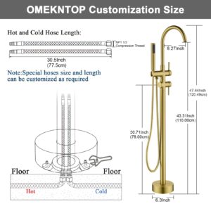 Freestanding Bathtub Faucet Floor Mount Tub Filler Brush Gold, OMEKNTOP Modern Freestanding Tub Faucet with 360 Swivel Gooseneck Spout and Handheld Shower, Standing Tub Faucet for Bathroom