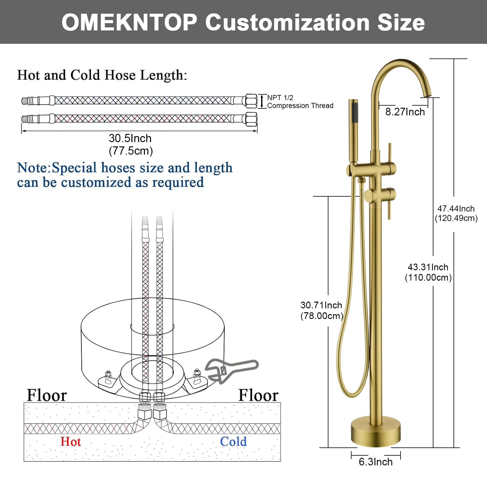 Freestanding Bathtub Faucet Floor Mount Tub Filler Brush Gold, OMEKNTOP Modern Freestanding Tub Faucet with 360 Swivel Gooseneck Spout and Handheld Shower, Standing Tub Faucet for Bathroom