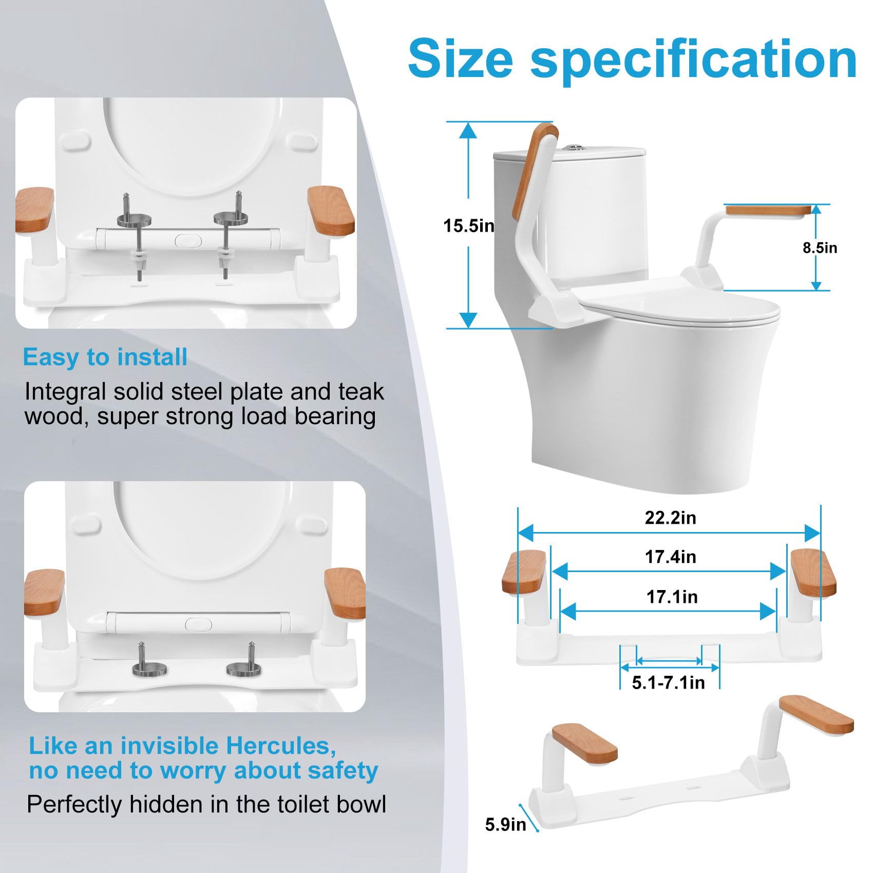 Toilet Safety Rails for Elderly (520 lbs), Handicap Toilet Rails with Foldable Handles, Toilet Assist Rails, Toilet Rails for Seniors, Heavy Duty Toilet Safety Frames Rails with Arms, Easy Installatio