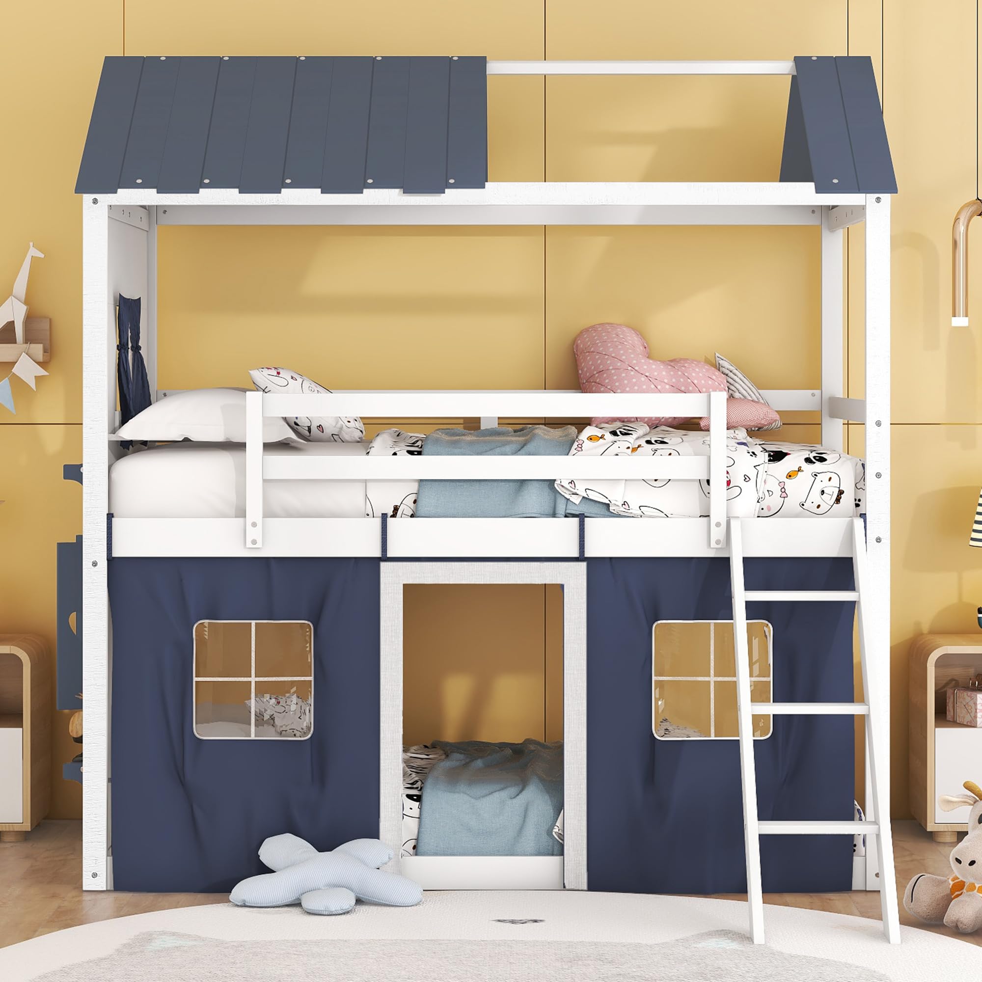 Merax Twin Over Twin Bunk Wood House Bed with Elegant Windows, Sills and Tent, Blue+White