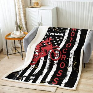 Erosebridal Custom Name Dirt Bike Throw Blanket, American Flag Fleece Blanket Throw Size,Motocross Rider Extreme Sport Sherpa Blanket United States Federations Stars Fuzzy Blanket for Kids Boys Teens